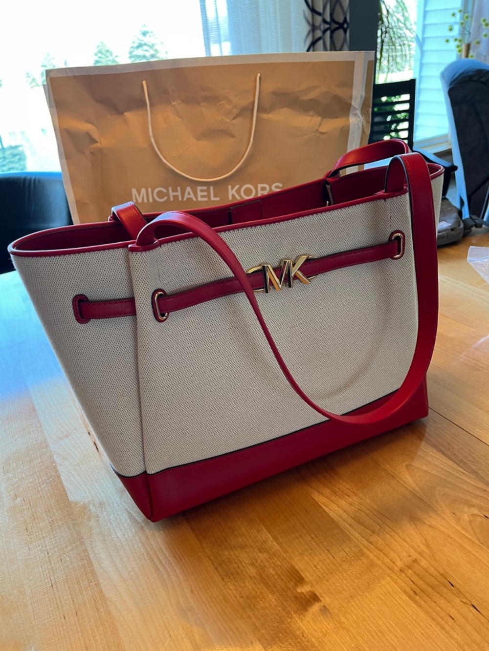 Michael Kors Cream Canvas Tote with Red Leather Trim and Gold MK Logo